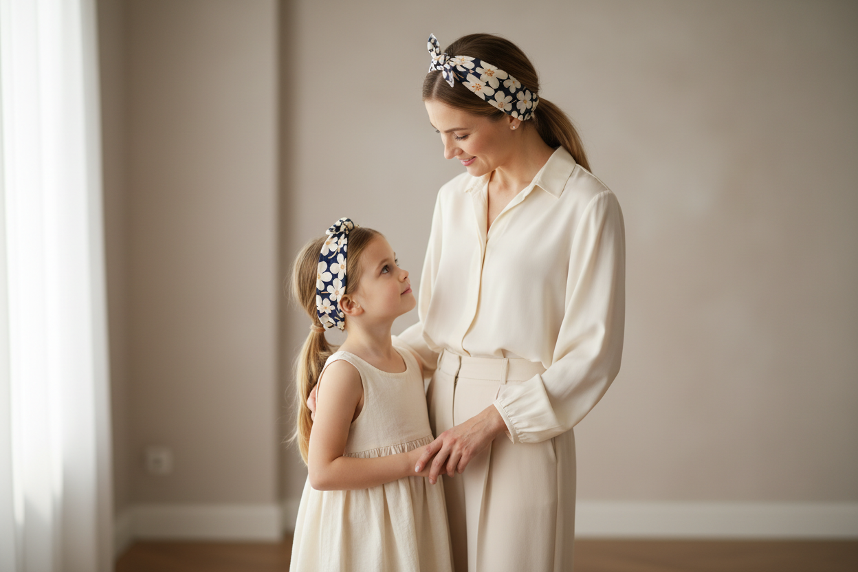 Foulard bleu marine grosses fleurs crème femme et enfant – Coton fleuri assorti Liv&Ciboulette